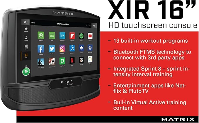 Matrix Fitness E50 Elliptical with XIR | 16" Touchscreen (WiFi+BT+HDMI) | Low Impact Workouts, Full Body Cardio, High Calorie Burn | Space Saving Compact Design, Suspension Elliptical