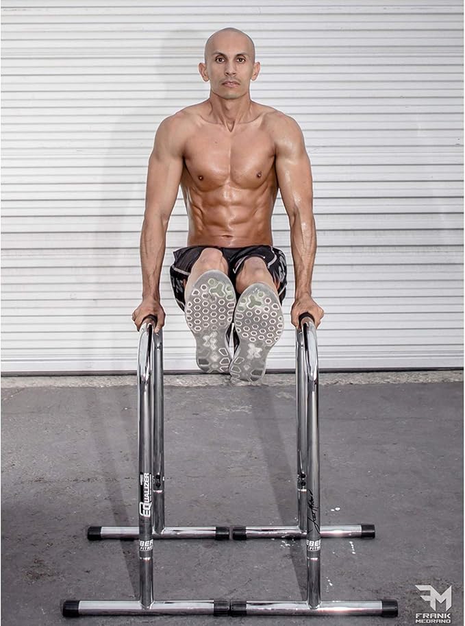 Lebert Fitness Dip Bar Stand - Original Equalizer Total Body Strengthener Pull Up Bar Home Gym Exercise Equipment Dipping Station - Frank Medrano Series, Workout Guide and Online Group - Chrome (XL)