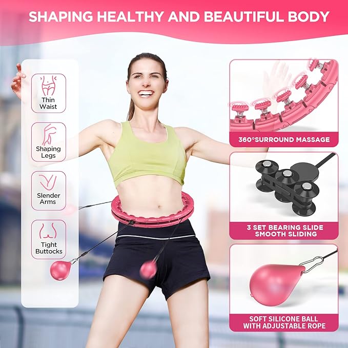 Weighted Exercise Hoop Plus Size, 32 Detachable Knots for Adults & Beginners, 2 in 1 Abdomen Fitness Massage Non Fall Smart Hooola Hoop with Auto Spinning Ball