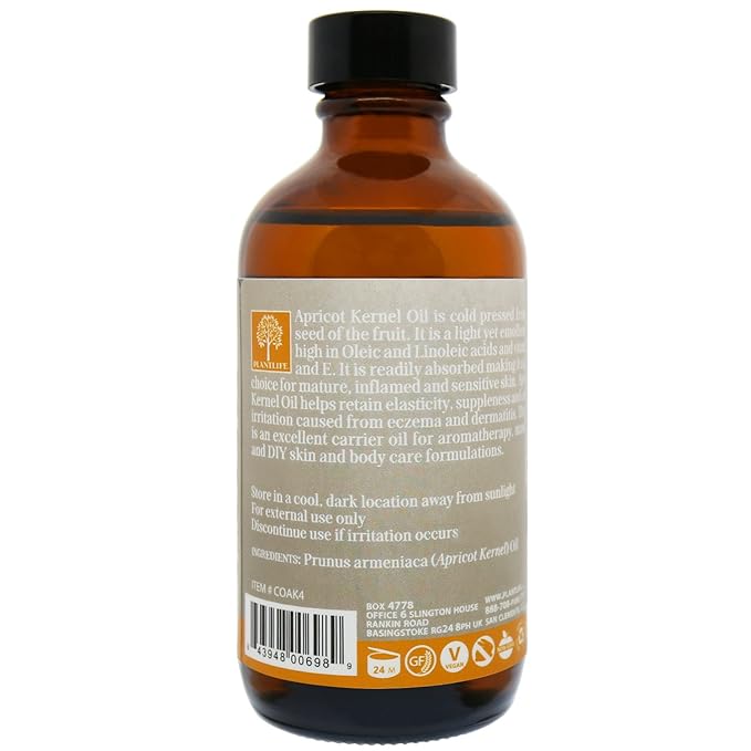 Plantlife Apricot Kernel Carrier Oil - Cold Pressed, Non-GMO, and Gluten Free Carrier Oils - for Skin, Hair, and Personal Care - 4 oz