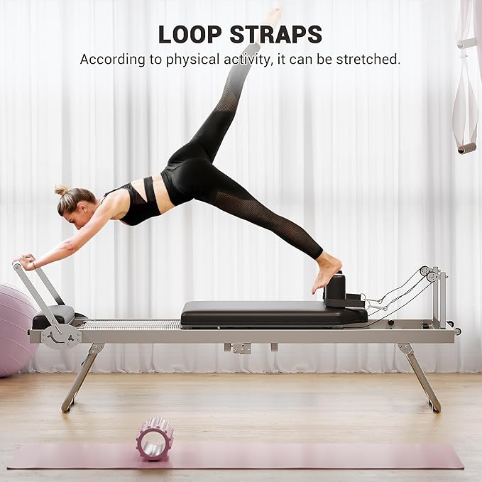Foldable Pilates Reformer for Home Use, Adjustable Pilates Machine with 5 Resistance Springs, Compact Design for Small Spaces, Supports 350 LBS, Ideal for Beginners & Intermediate Users, Black