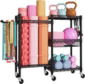 FUTASSI Home Gym Storage, 3 Tiers Workout Equipment Organizer with Wheels for Yoga Mats, Foam Roller, Dumbbells, Kettlebells, and Resistance Bands