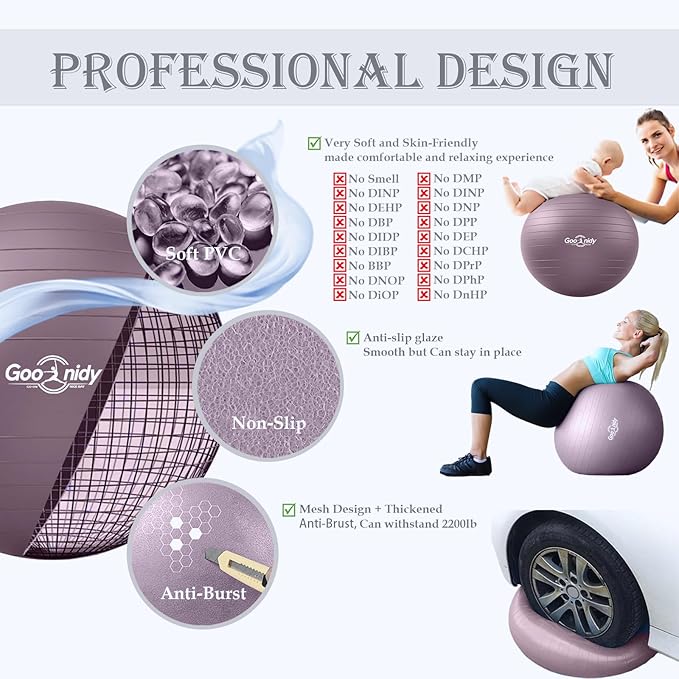 Soft Exercise Ball, Anti-Burst Pilates Yoga Ball Chair Supports 2200lb, Workout Equipment w/ Pump for Women Pregnancy, Medicine, Birthing, Physical Therapy, Stability, Excersing, Birth, Swiss, Fitness