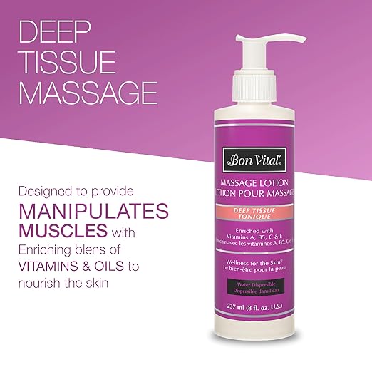 Bon Vital' Deep Tissue Massage Lotion, 8 Oz, Professional-Grade Moisturizing Lotion for Deep Tissue Therapy, Non-Greasy Skin Softening Formula, Muscle Relaxation, Unscented