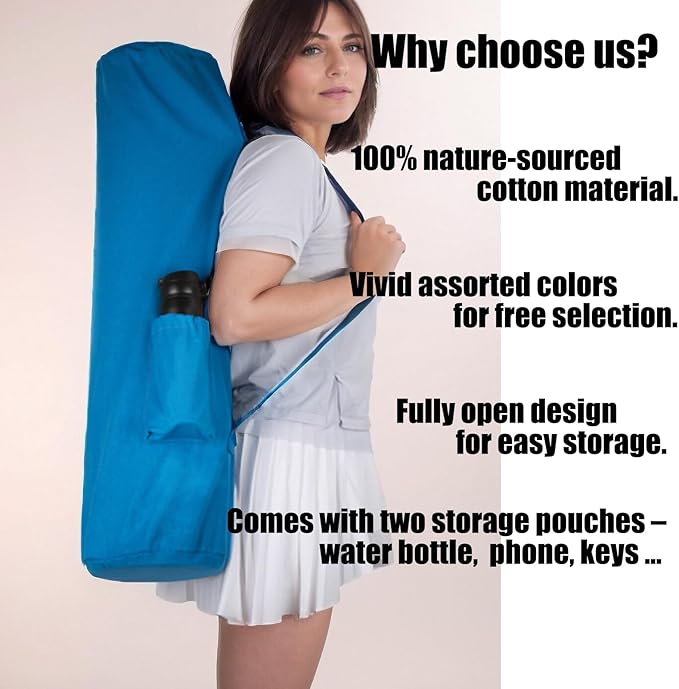 Cotton yoga mat bag with Pockets and Adjustable Strap - Full Zip Cargo Yoga Mat Carrier Bag - Bag for 1/4" 1/3" Thick Yoga Mat