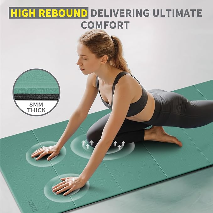Foldable Yoga Mat Extra Thick & Large (74" x 31.5" x 0.32"), Double-Sided Non Slip & Lightweight Fitness Mat, 8mm Thick Wide Exercise Mats for Woman Man Kids, Portable Workout Mats for Travel, Studio or Home Use