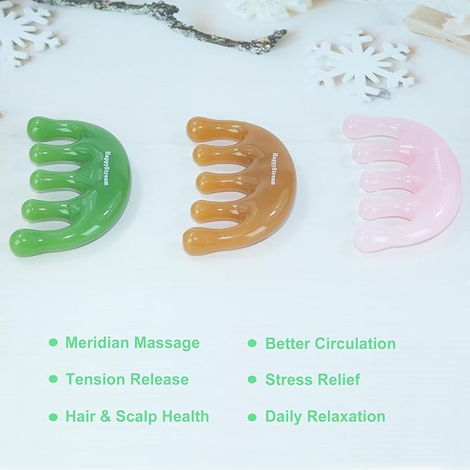Scalp Massage Tool Head Massager. Resin Massage Comb Gua Sha Fascial Tools for Scalp Care Hair Growth Stress Relax Headaches Meridian Acupoint Treatment Trigger Point Therapy. (Amber)