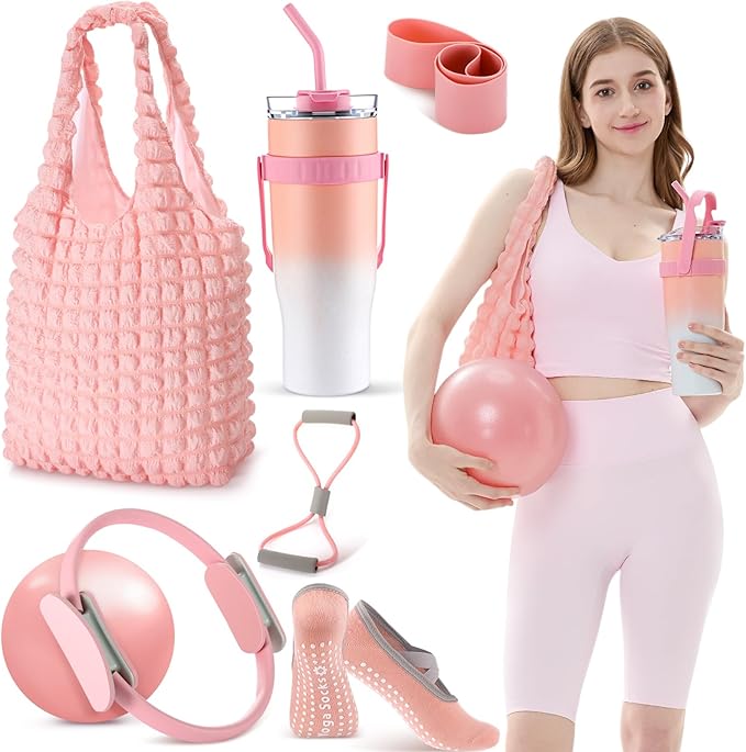 Poen 7 Pcs Pilates Essentials Kit for Women Home Workout Pilates Equipment Ring and Ball Set with 11.81 Inch Circle 9.84 Inch Yoga Ball Resistance Bands Cup Bag Socks for Beginners