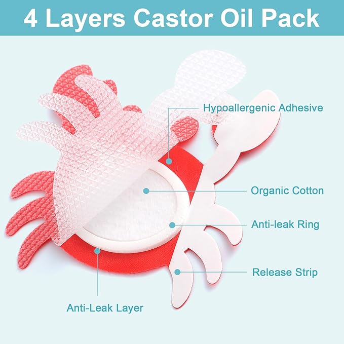 30Pcs Castor Oil Patch for Belly Button with 4oz Organic Castor Oil in Glass Bottle, Castor Oil Pack Belly Button Patches for Stomach Hand Self Adhesive (30pcs Crab Pack)