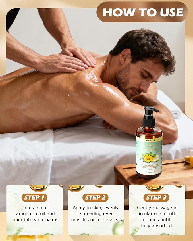 Sore Muscle Massage Oil for Massage Therapy, Arnica Oil for Muscle Relaxing & Lymphatic Drainage with Black Pepper, Peppermint & Grapeseed Oil, Essential Oils for Skin & Body Care, 8 fl oz
