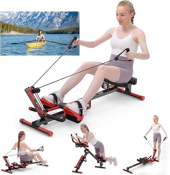 Ab Machine and Rowing Machine, 4 in 1 Rowing Machines for Home with 3 Levels of Workout Resistance, Quiet & Foldable Rower Machine with 3 Adjustable Handle Heights & LCD Monitor, Row Machine for Home