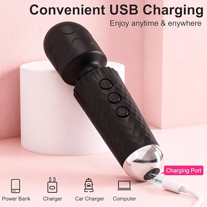 Upgraded Handheld Rose Black Mini Massager Tool Device, Premium Silicone Relaxation Massager Rechargeable to Relieve Whole Body Muscle Tension, 20 Modes 8 Speeds