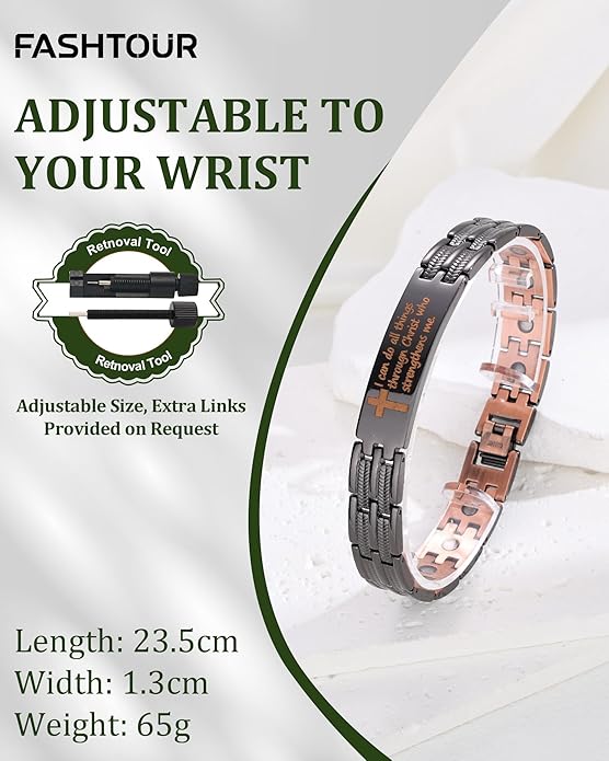 Magnetic Bracelet and Ring Set for Men, 99.99% Pure Copper Jewelry, Adjustable Cross & Celtic Knot Design, Gift for Dad