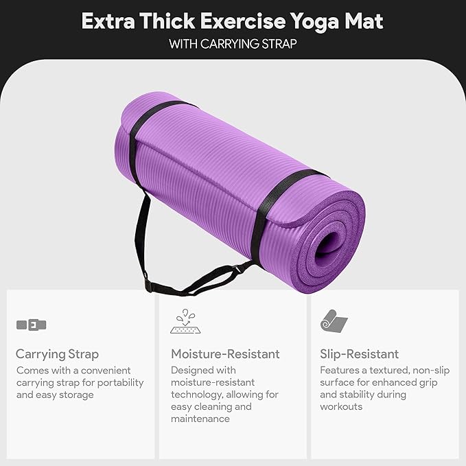 BalanceFrom 71x24 Inches Extra Thick Yoga Mat 1-Inch High-Density Foam – Roll-Up Exercise Pad with Double-Sided Non-Slip Surface and Carrying Strap for Pilates and Home Workouts, Multiple Colors