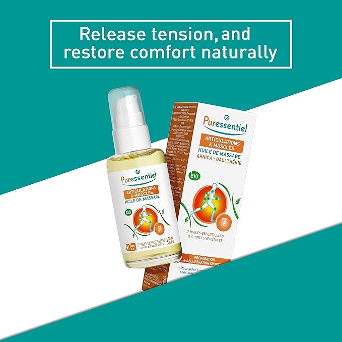 Puressentiel Muscle Relaxing Organic Massage Oil with Arnica and Wintergreen - Aromatherapy Oil for Muscle Tension - Alcohol Free, Plant Based - Revive Sore, Tired Joints and Body Aches - 3.5 Oz