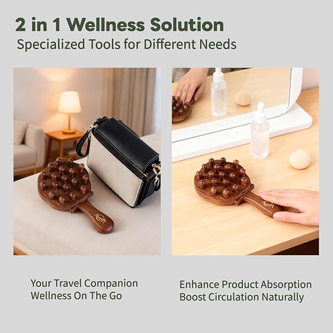 Wooden Scalp Massager & Cushion Hair Brush Gift Set – Manual Head Massage Brush with Rounded Tips, Gentle Scalp Stimulation & Daily Hair Care – Gift-Ready Self-Care Set