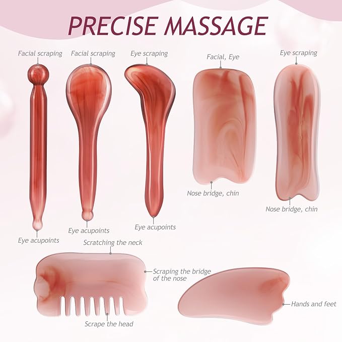 Resin Gua Sha Board Set – 7 Pack Scraping Massage Tools for Physical Therapy, Facial Care, Neck & Shoulder Relief, Includes Storage Pouch