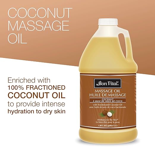 Bon Vital' Coconut Massage Oil, 1/2-Gallon Container, 100% Pure Fractionated Coconut Oil for Dry Skin, Lightweight Non-Greasy, Neutral Scent, Non-Staining, for Massage Therapy & At-Home Use