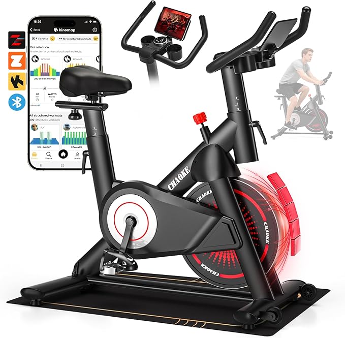 CHAOKE Exercise Bike, Quiet Adjustable Magnetic Stationary Bike for Home Cardio with App Compatible, 350LB Weight Capacity Indoor Cycling Bike with Large Seat, Dumbbell Rack, Pull Cords & LCD Display