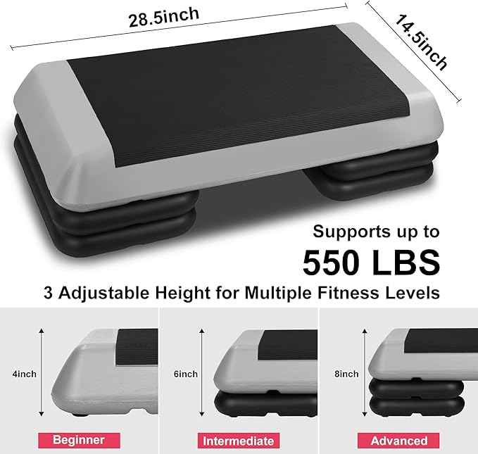Gym Step Platform for Exercise at Home, Fitness Step for Home Workout, Adjustable Step Up Exercise Platform, Aerobic Stepper Step Platform with 4 Risers, Step Exercise Platform for Work Out