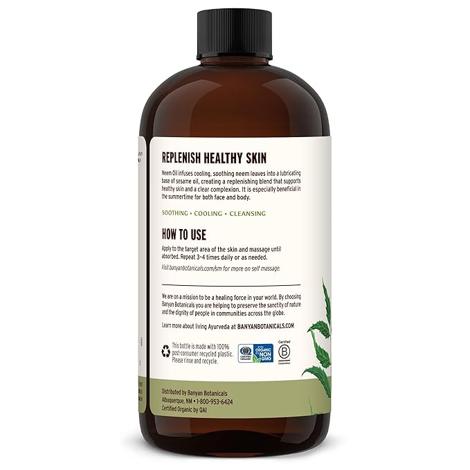 Banyan Botanicals Organic Neem Oil – Cooling & Soothing Ayurvedic Neem Oil – Supports Healthy Radiant Skin – 24 oz. – Non-GMO Sustainably Sourced Abhyanga Massage Oil