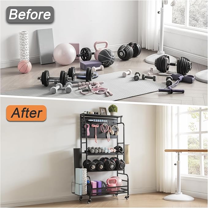 56'' Taller Home Gym Storage Organizer, Yoga Mat Storage Rack with Hanging Board, Exercise Workout Equipment Storage Stand for Home Gym, Dumbbell Holder Kettlebell Rack with Wheels and Hooks