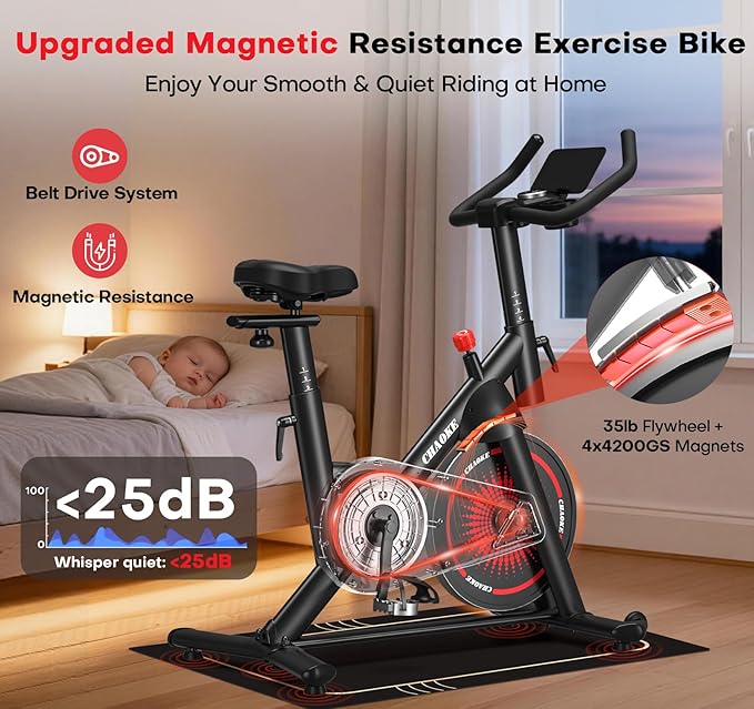 CHAOKE Exercise Bike, Quiet Adjustable Magnetic Stationary Bike for Home Cardio with App Compatible, 350LB Weight Capacity Indoor Cycling Bike with Large Seat, Dumbbell Rack, Pull Cords & LCD Display