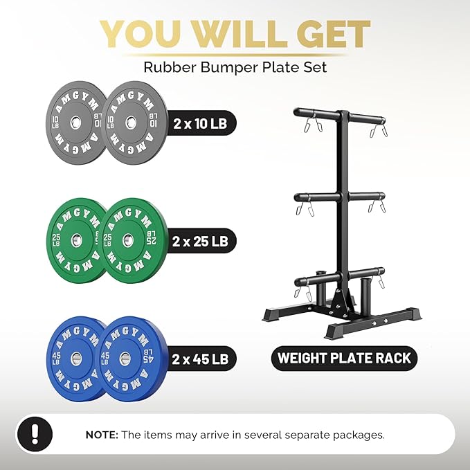 Weight Plate Tree Rack & Weight Set, Strength Training Plate Storage Stand and Barbell Holders for Home Gym, 1100 lb Weight Capacity, Fits Both 1" and 2" Bumper Plates