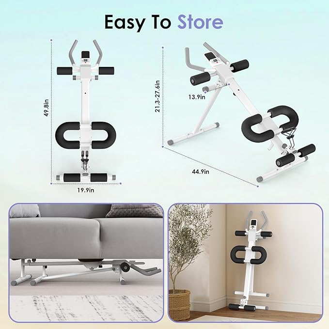 Foldable Ab Machine, 5-in-1 Adjustable Ab Trainer for Home Gym, Full-Body Core Workout Equipment with 10 Length Levels, LED Display & Silent Rollers | Sit-Up & Rowing Machine for Abs Sculpting