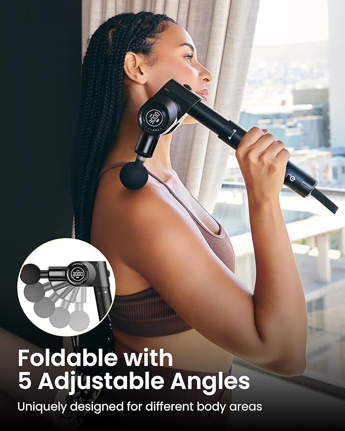NAPRE Foldable Massage Gun with Extension Handle & 5 Adjustable Angles,Deep Tissue Back Massage for Neck/Body Pain Relief,Handheld Percussion Muscle Massager,32 Speeds,6 Heads & Silent,with Case
