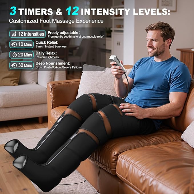 Leg Massager with Heat and Compression, Foot Massager for Circulation and Pain Relief, 3 Timers, 12 Intensity, 6 Modes,3 Heating with Knee Massager,Mother's Day Gifts for Man Woman,Black