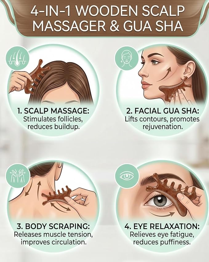 Tinuos 4-in-1 Wooden Scalp Massager Comb – Hair Growth Head Massager, Gua Sha Tool for Face & Body, Natural Wood Hair Scalp Massager for Stress Relief & Circulation