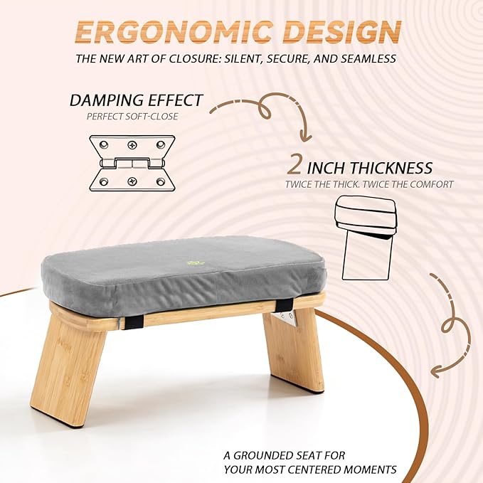 Meditation Bench, Bamboo Meditation Stool, Folding Kneeling Meditation Bench, Seiza Prayer Bench, Prayer Bench with Meditation Cushion, Kneeling Stool(Grey-Bag)