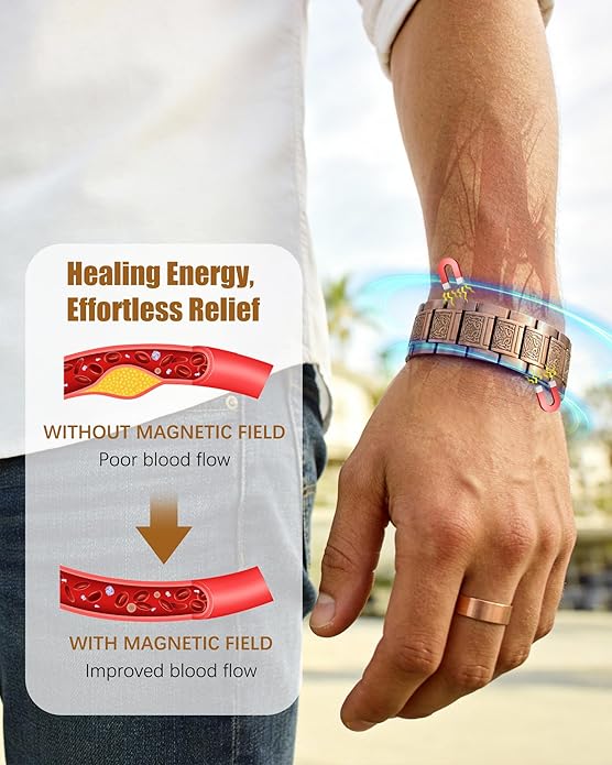 3X Strength Magnetic Copper Bracelet for Men - 99.9% Pure Copper Bracelet & Ring Set - Premium Fold-Over Clasp and Adjustable Length Sizing Tool & Jewelry Box