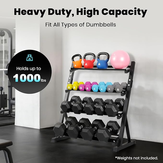 LIONSCOOL Adjustable Dumbbell Rack Stand, 4 Tier Heavy Duty Weight Storage Dumbbell Rack for Dumbbells & Kettlebells, Compact Space-Saving Organizer Stand for Home Gym, 1000+ LB Capacity