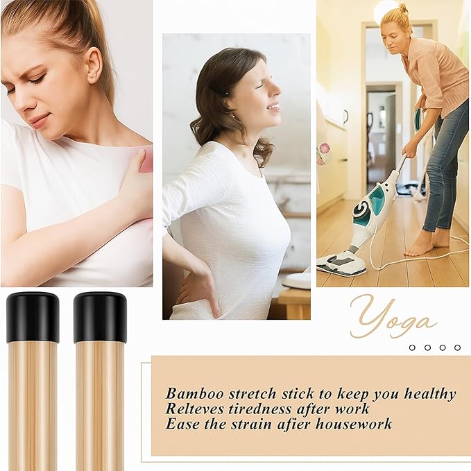 Hiboom 6/9 Pcs 5ft Yoga Stick Natural Bamboo Black Exercise Stick with Non-Slip Rubber Ends Stretching Tool Posture Corrector Stretch Tool for Flexibility, Workout, Balance Fitness