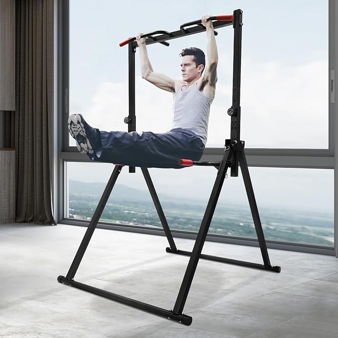 Power Tower Pull Up Bar Station Multi-Function Adjustable Height Foldable Dip Station for Home Gym Workout Heavy Duty Strength Training Fitness Equipment Stable Triangular Structure 440 LBS