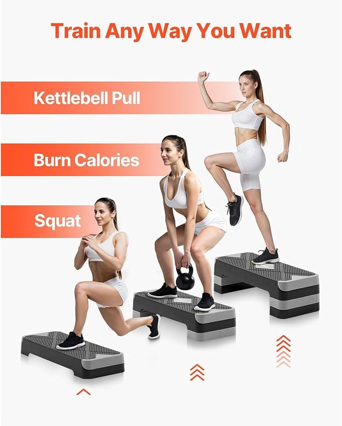 Aerobic Exercise Step Platform, 28-Inch Workout Aerobic Stepper, Height Adjustable Fitness Training Step Deck Trainer with 4 Risers, Non-Slip Surface Bench for Home Gym Cardio Strength, Gray