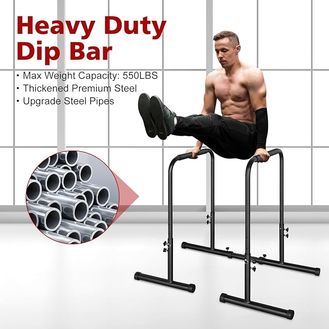 Dip Stand Station Heavy Duty Dip bar Adjustable Height/Width Fitness Workout for Tricep Dips, Pull-Ups, Push-Ups