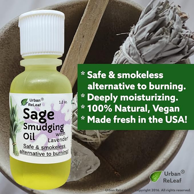Urban ReLeaf Sage Smudging Oil 1.2 oz with Lavender! Cleansing Energy, Clear Anoint Bless Protection. Smokeless Alternative. Massage, 100% Natural Vegan, Made in USA
