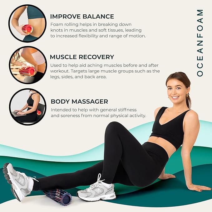 Oceanfoam Ripple Travel Foam Roller (11" x 3.35") Firm Mini Foam Roller for Physical Therapy, Deep Tissue Massage, Back Pain - High Density, Wave Textured, Yoga, Exercise (Red, Gold & Natural Marbled)