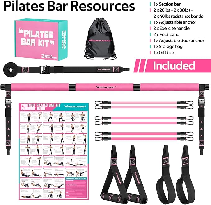 Pilates Bar Kit with Resistance Bands, Multifunctional Pilates Bar for Women & Men with Heavy-Duty Metal Adjustment Buckle, Pilates Home Equipment for Full BodyWorkouts