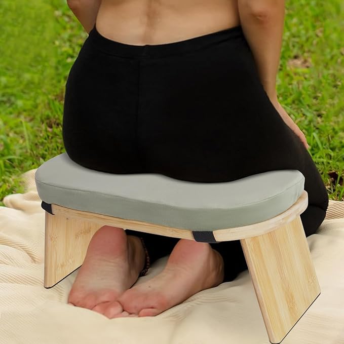 Foldable Meditation Bench with Cushion,Bamboo Meditation Stool,Portable Kneeling Stool,Prayer Bench,Green,Wood Color