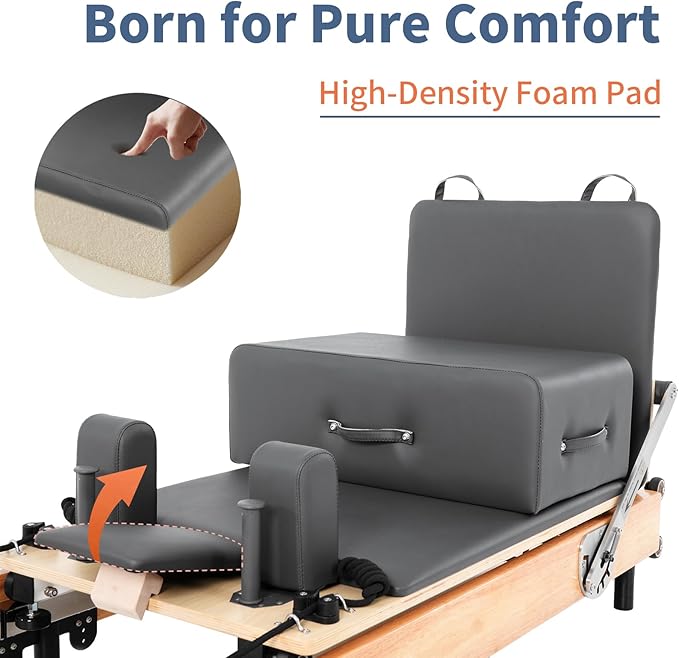 Pilates Reformer Machine,Oak Wood Home Pilates Equipment, Foldable Pilates Reformer with Reformer Box, Jump Board for Home Workouts and Body Exercises, Suits for Studio Gym Yoga