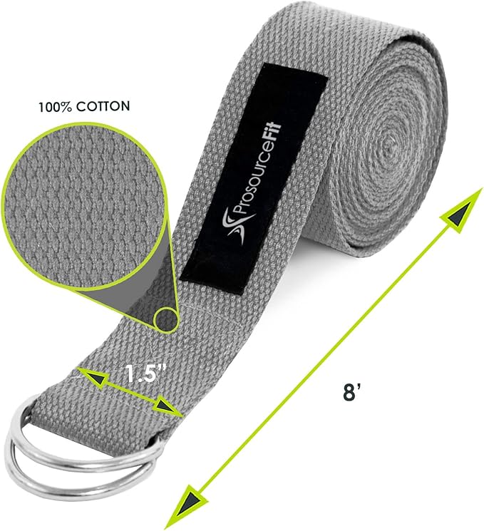 ProsourceFit Metal D-Ring Yoga Strap 8’ Durable Cotton for Stretching and Flexibility