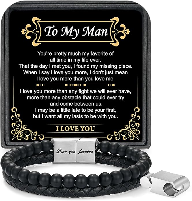 LUXEJEW Gifts for Men - Beaded Leather Bracelet 6mm Matte Agate Stone Bracelets for Men Dad Son Husband Boyfriend Grandpa Grandson Brother Uncle Nephew Adjustable Magnetic Clasp