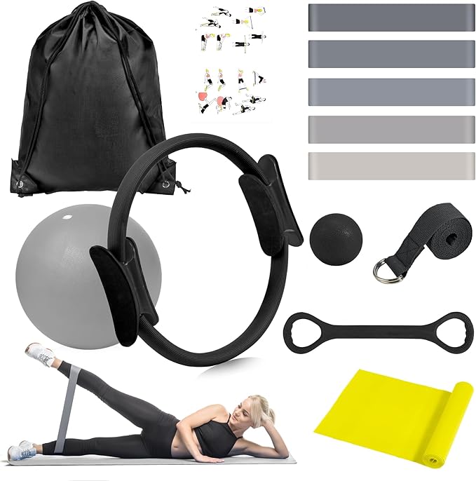 HASHMUST Pilates Ring Kit 12 PCS for Women, Home Workout Equipment with Magic Circle, Mini Exercise Ball, Resistance Bands, Massage Lacrosse, Yoga Strap, Full-Body Fitness Set for Toning & Gift