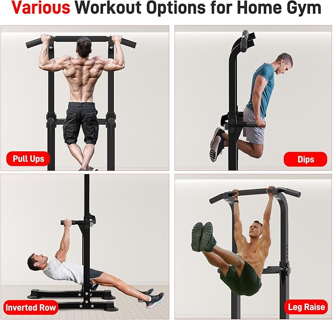 Outdoor Basic Power Tower, Pull Up Bar and Dip Station for Home Gym, 1400LBS Weight Capacity, Adjustable Height, Heavy Duty Steel Frame for Calisthenics, Strength Training Fitness Equipment