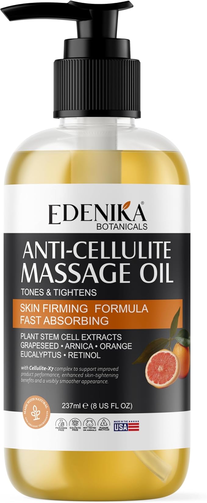 Firming Anti Cellulite Massage Oil, Grapeseed Oil, Caffeine, Plant Stem Cells & Retinol, Supports Tighter, Smoother-Looking Skin on Body, Legs, Thighs & Buttocks, 8 Fl Oz