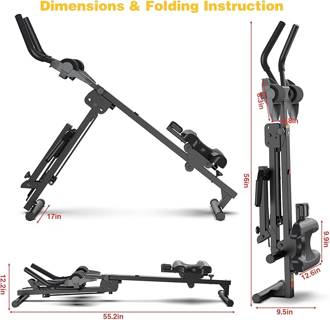 3-in-1 Foldable Rowing Machine, Adjustable Resistance AB Core Trainer with LCD Monitor, 265LBS Carbon Steel Home Gym, Easy Assembly